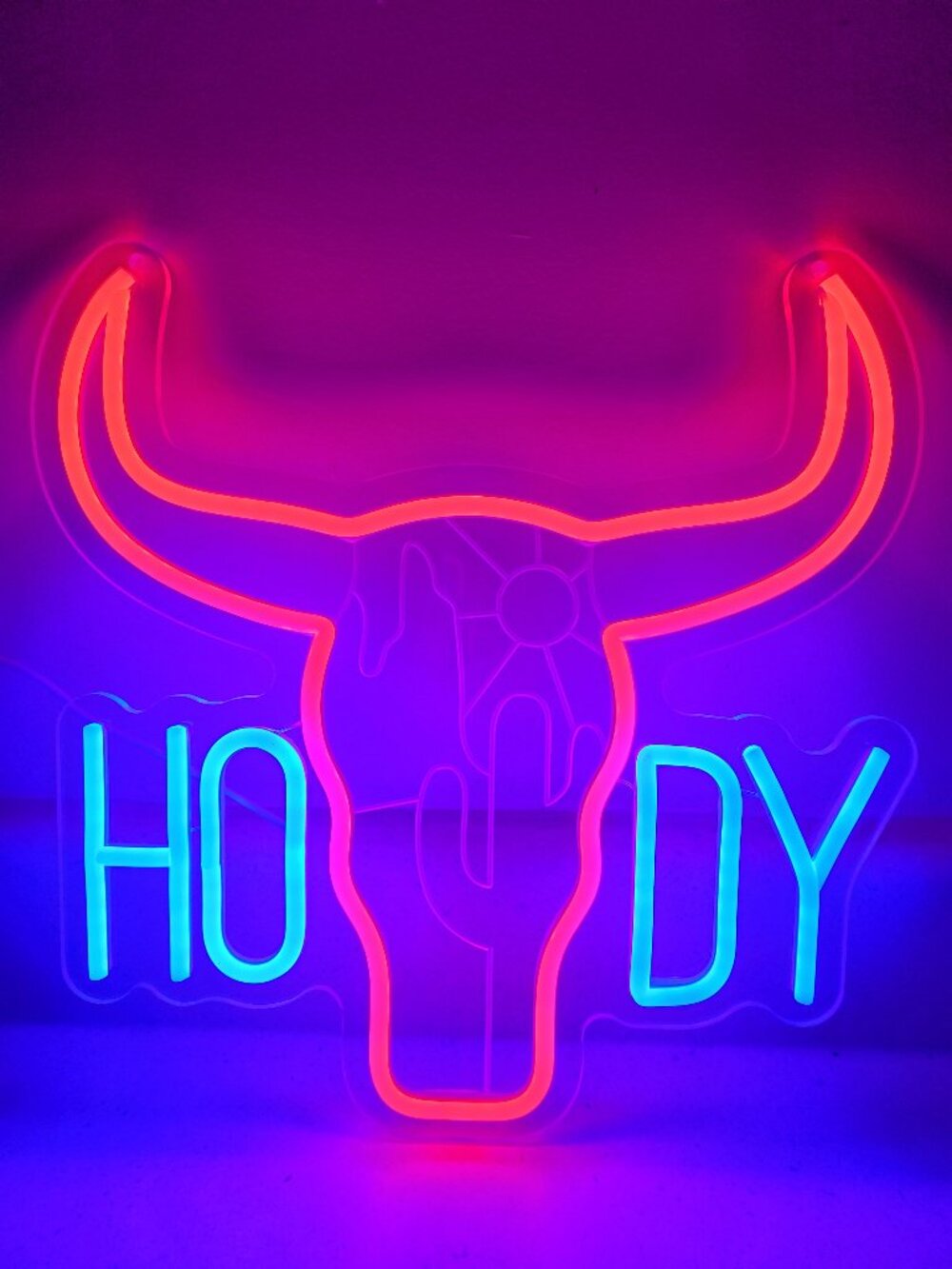 Howdy Longhorn Red & Blue LED Neon Sign-USB-Cactus Sun Mountain 13.5"x13"-NEW